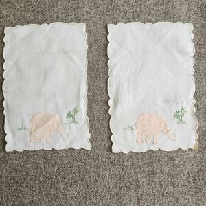 Vintage Set Of 2 Medeira Pink Elephant Linen Cocktail Napkins Scalloped Edge